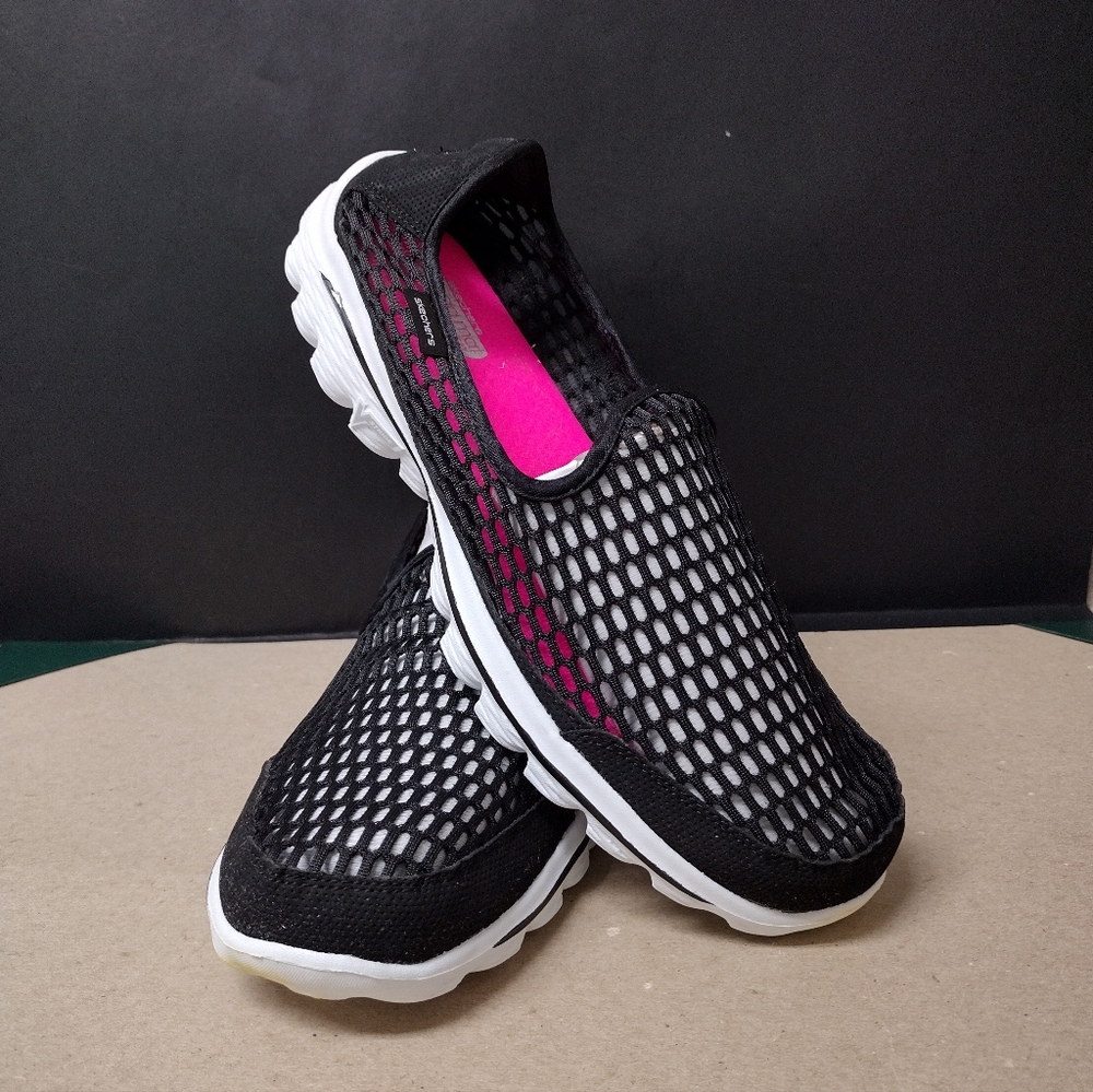 Skechers Black Mesh Slip-On Sneakers with Pink Insole Accent $15